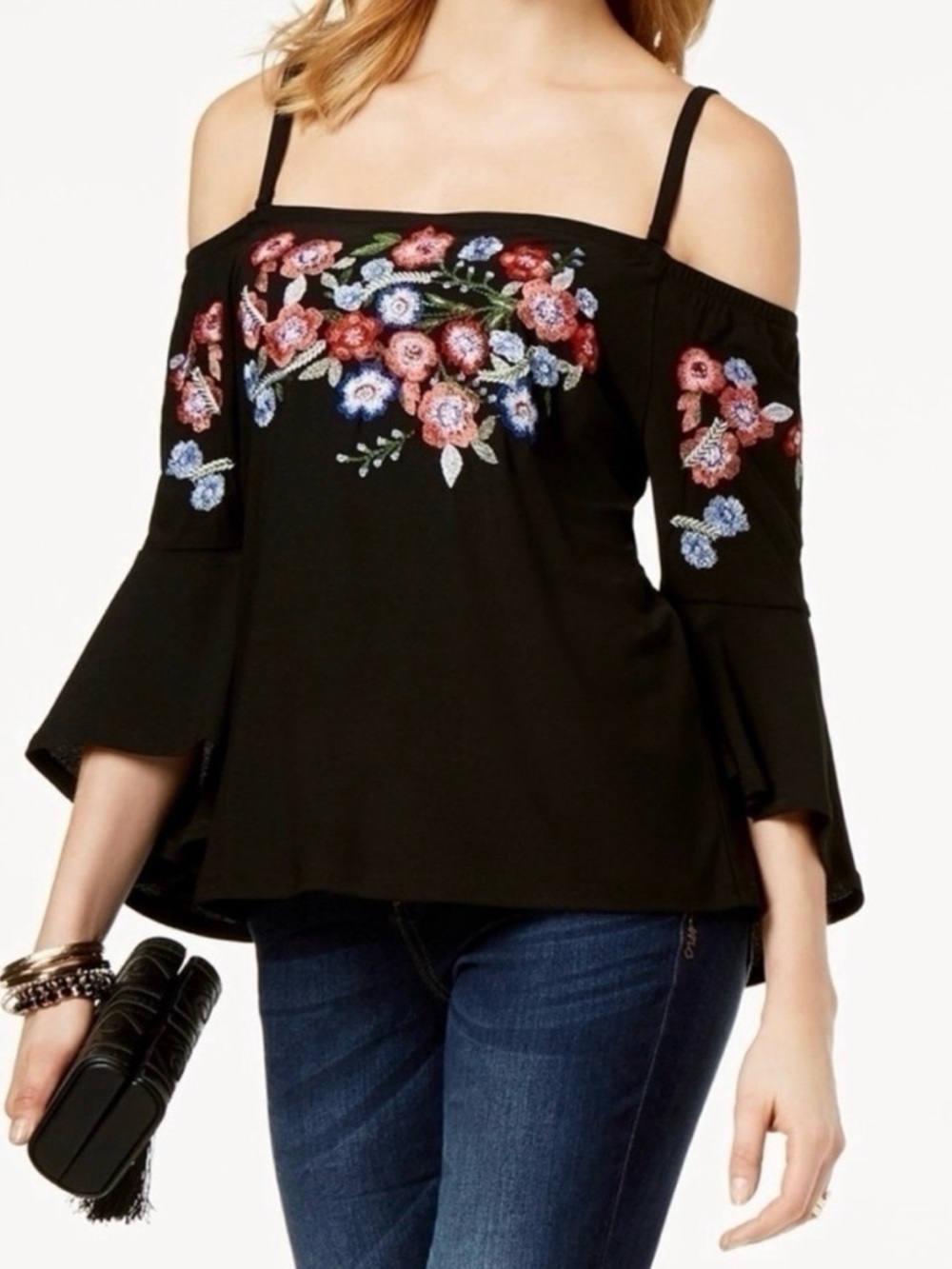 INC International Concepts Floral Embroidered Cold-Shoulder Top, Size S, NWOT - Picture 1 of 5